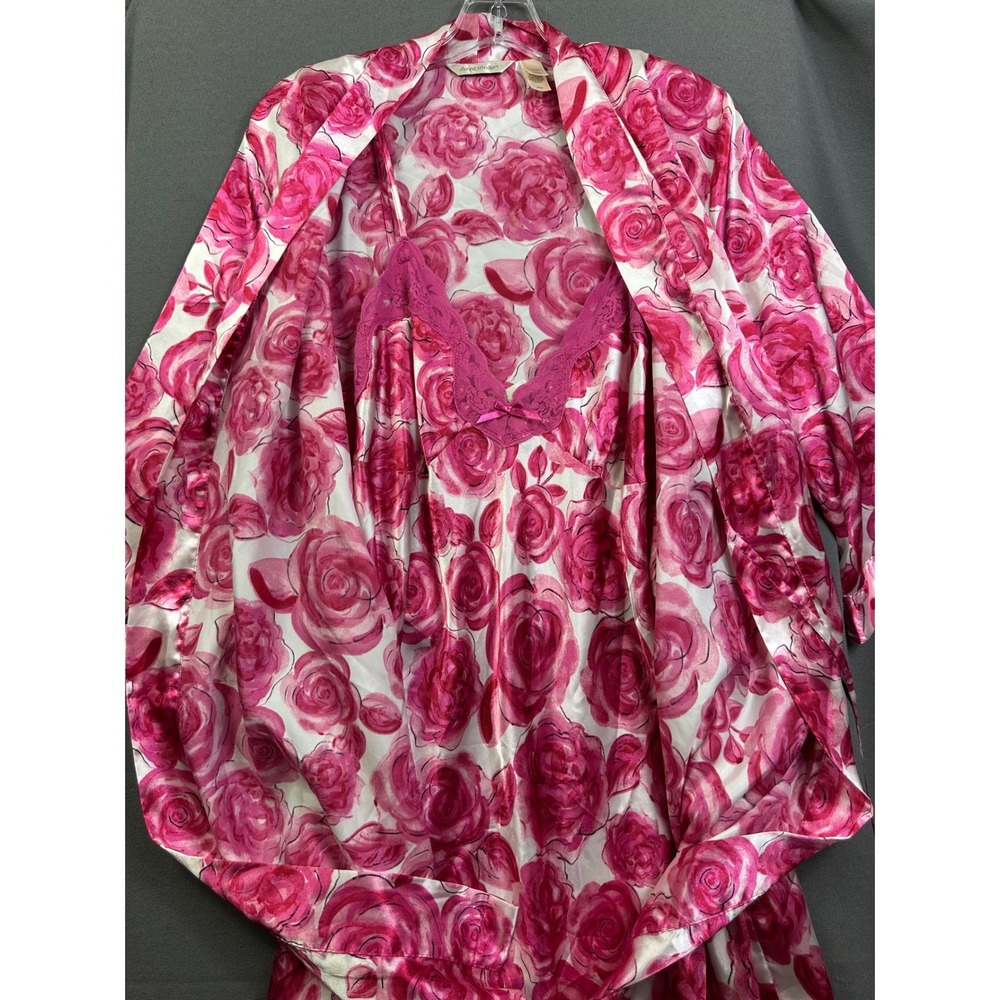 Ambrielle Women Pink Rose Floral Satin Chemise and‎ Robe Set Size Medium 2 Piece